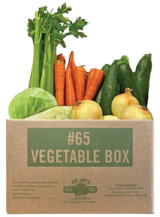 A box of vegetables with potatoes and broccoli.