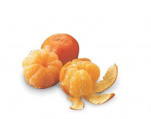 A peeled orange and an unpeeled tangerine.