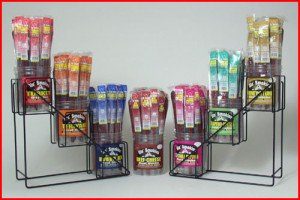 A display of different flavors of lollipops.