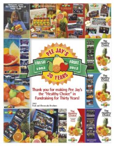 A poster of various fruits and vegetables with the words " pie jay 's fresh 3 0 years ".