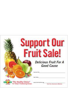 A fruit sale sign with various fruits on it.