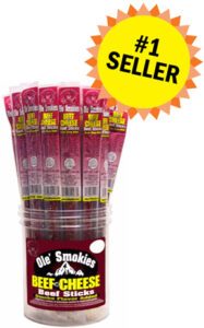 Bundle of pink-flavored Big Smokies meat sticks in clear packaging.