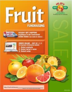 Colorful fruit display promoting a fundraising sale.
