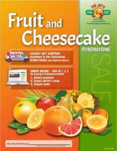 Bright fruit and cheesecake fundraising flyer with vibrant citrus and tropical fruits.
