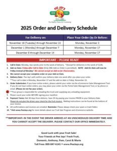 2025 delivery schedule with order deadlines and shipping dates.