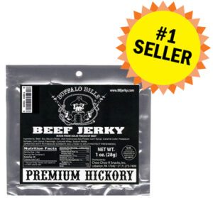 Pack of Buffalo Bill's Premium Hickory Beef Jerky with #1 Seller badge.