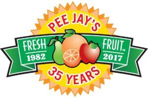 Logo celebrating 35 years of Pee Jay's Fresh Fruit.