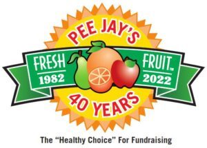 Logo celebrating 40 years of fresh fruit fundraising by Pee Jay's.