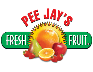 Logo featuring fresh fruits with a sunburst and bold text.